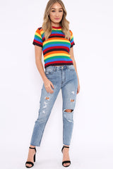 Rainbow Stripe Short Sleeve Jumper - Ariona-Jumper