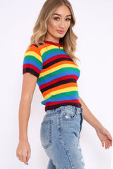 Rainbow Stripe Short Sleeve Jumper - Ariona-Jumper