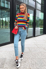 Rainbow Stripe Turtleneck Long Sleeve Jumper - Jonie-Jumper