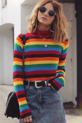 Rainbow Stripe Turtleneck Long Sleeve Jumper - Jonie-Jumper