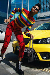 Rainbow Stripe Turtleneck Long Sleeve Jumper - Jonie-Jumper