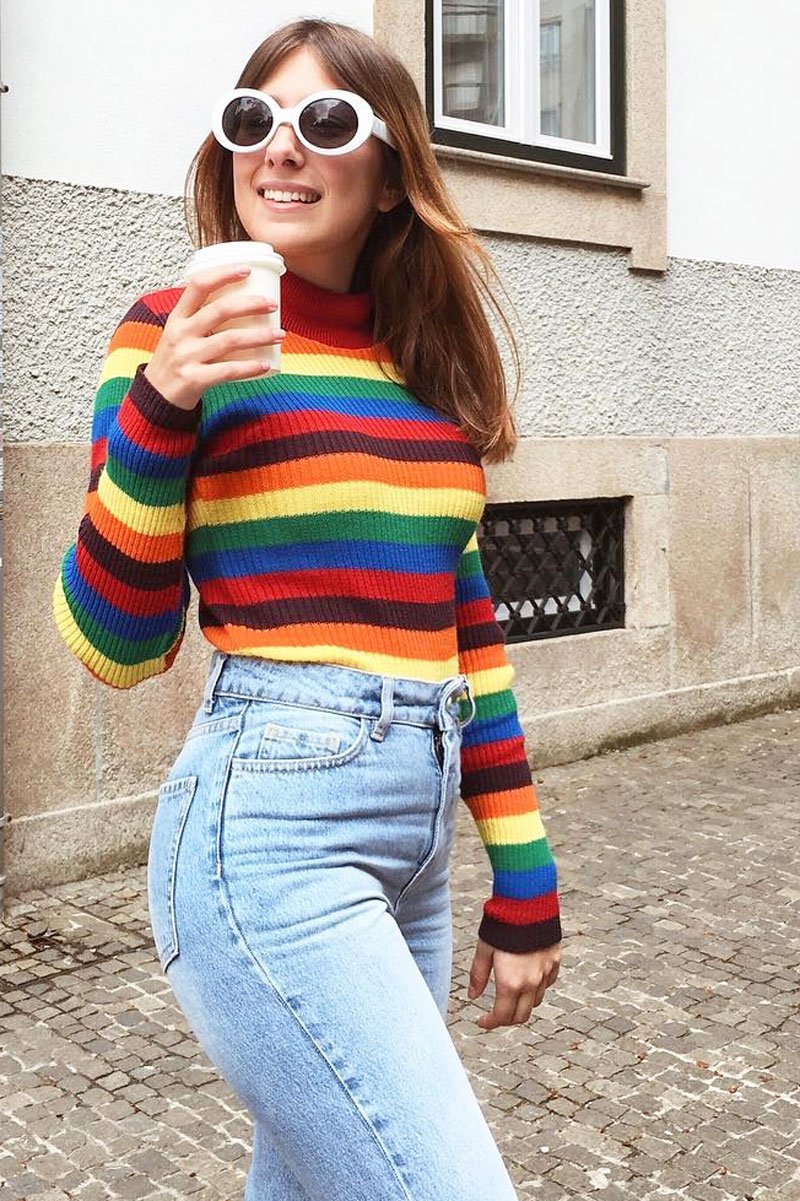 Rainbow Stripe Turtleneck Long Sleeve Jumper - Jonie-Jumper