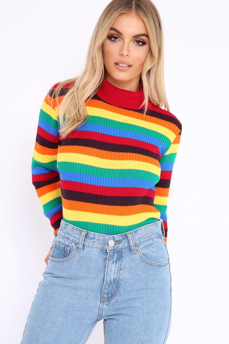 Rainbow Stripe Turtleneck Long Sleeve Jumper - Jonie-Jumper