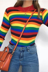 Rainbow Stripe Turtleneck Long Sleeve Jumper - Jonie-Jumper