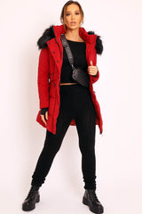 Red Adjustable Waist Longline Puffer Coat - Zofia-Coats