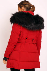 Red Adjustable Waist Longline Puffer Coat - Zofia-Coats
