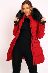 Red Adjustable Waist Longline Puffer Coat - Zofia-Coats