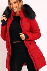 Red Adjustable Waist Longline Puffer Coat - Zofia-Coats