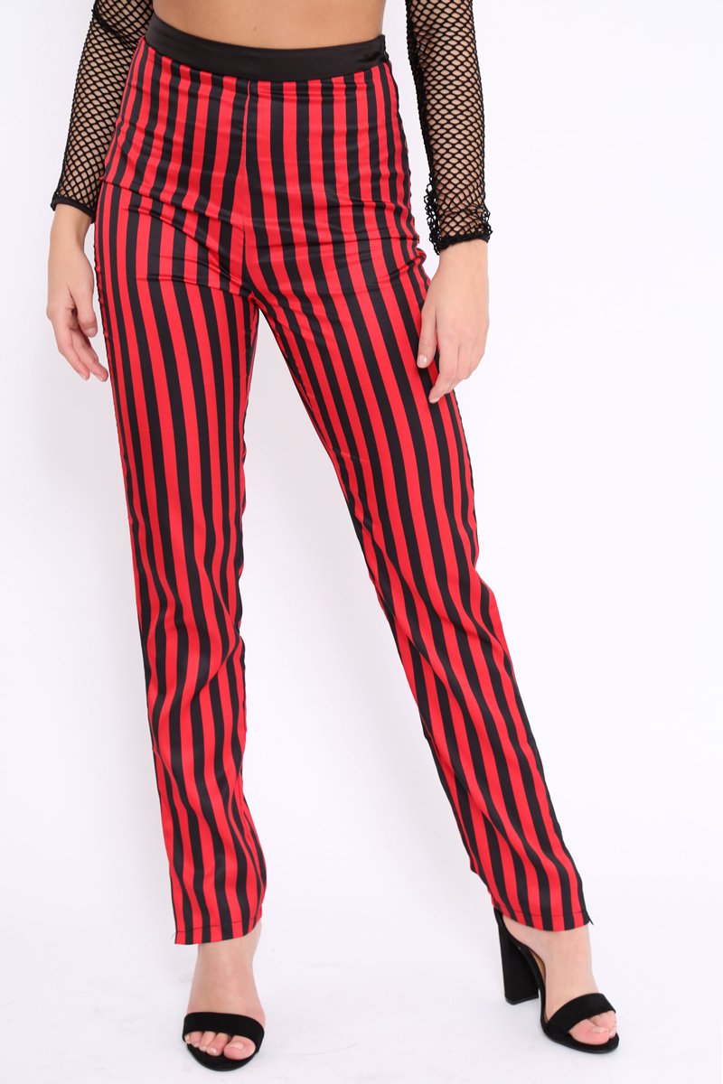 Red And Black Stripe Satin Trousers - Elorah-Trousers