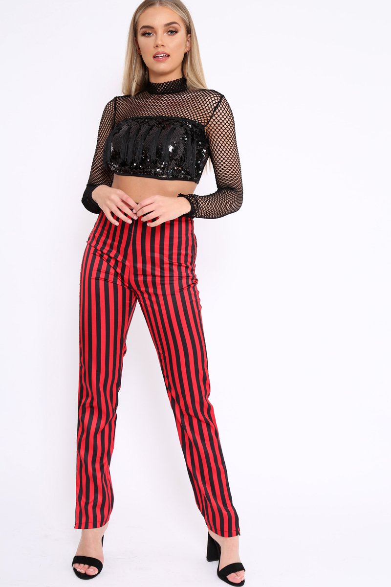 Red And Black Stripe Satin Trousers - Elorah-Trousers