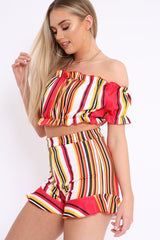 Red And Mustard Stripe Ruffle Bardot Bralet And Shorts Co-ord - Zia-Co-ords