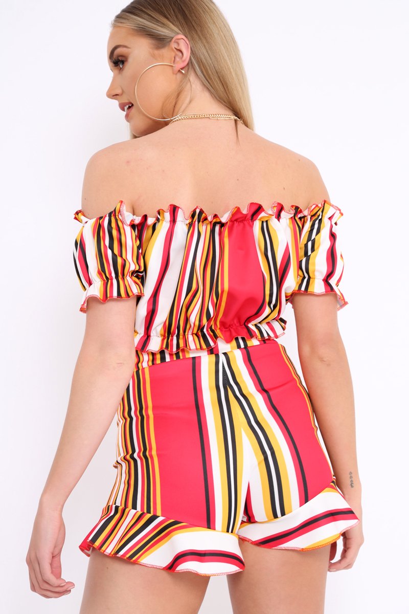 Red And Mustard Stripe Ruffle Bardot Bralet And Shorts Co-ord - Zia-Co-ords