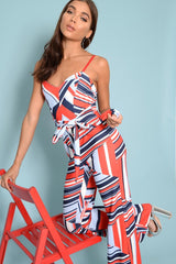 Red And Navy Blue Aztec Print Wide Leg Jumpsuit - Catelynn-Jumpsuits