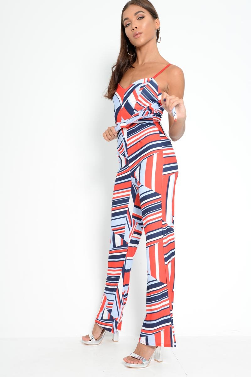 Red And Navy Blue Aztec Print Wide Leg Jumpsuit - Catelynn-Jumpsuits