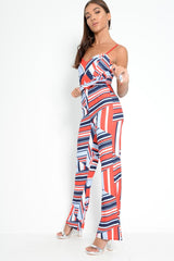 Red And Navy Blue Aztec Print Wide Leg Jumpsuit - Catelynn-Jumpsuits