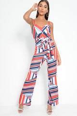 Red And Navy Blue Aztec Print Wide Leg Jumpsuit - Catelynn-Jumpsuits