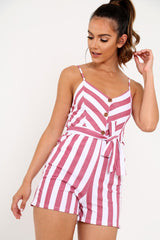 Red And White Tie Button Front Playsuit - Alanni-Playsuits