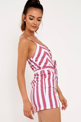 Red And White Tie Button Front Playsuit - Alanni-Playsuits