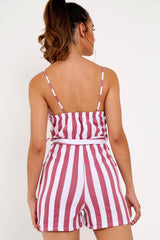 Red And White Tie Button Front Playsuit - Alanni-Playsuits