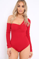 Red Asymmetric Bodysuit - Carlina-Bodysuits