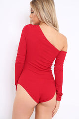 Red Asymmetric Bodysuit - Carlina-Bodysuits