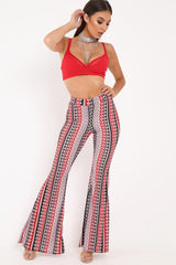 Red Aztec Print Flare Trousers - Brena-Trousers