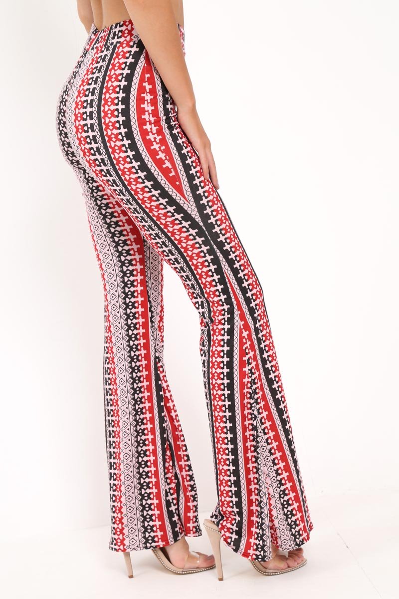Red Aztec Print Flare Trousers - Brena-Trousers