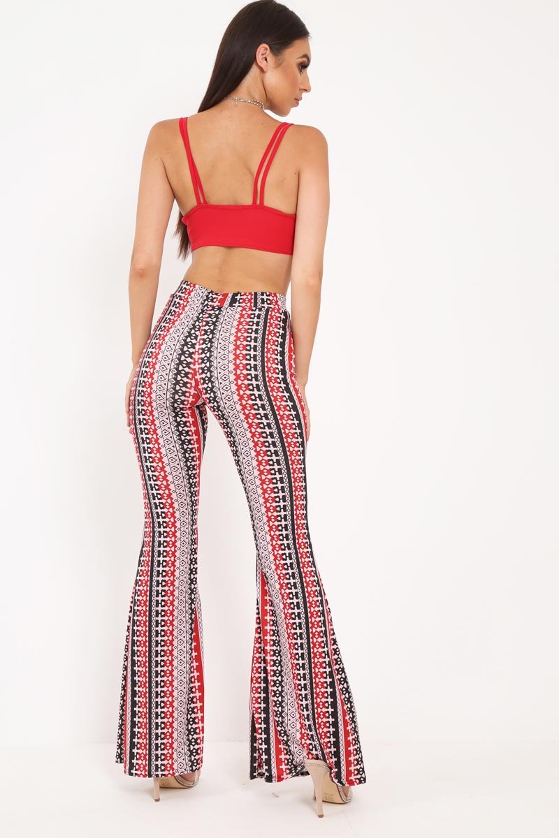 Red Aztec Print Flare Trousers - Brena-Trousers