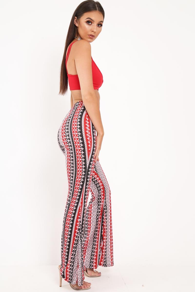 Red Aztec Print Flare Trousers - Brena-Trousers