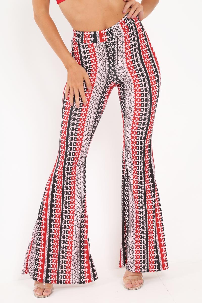 Red Aztec Print Flare Trousers - Brena-Trousers
