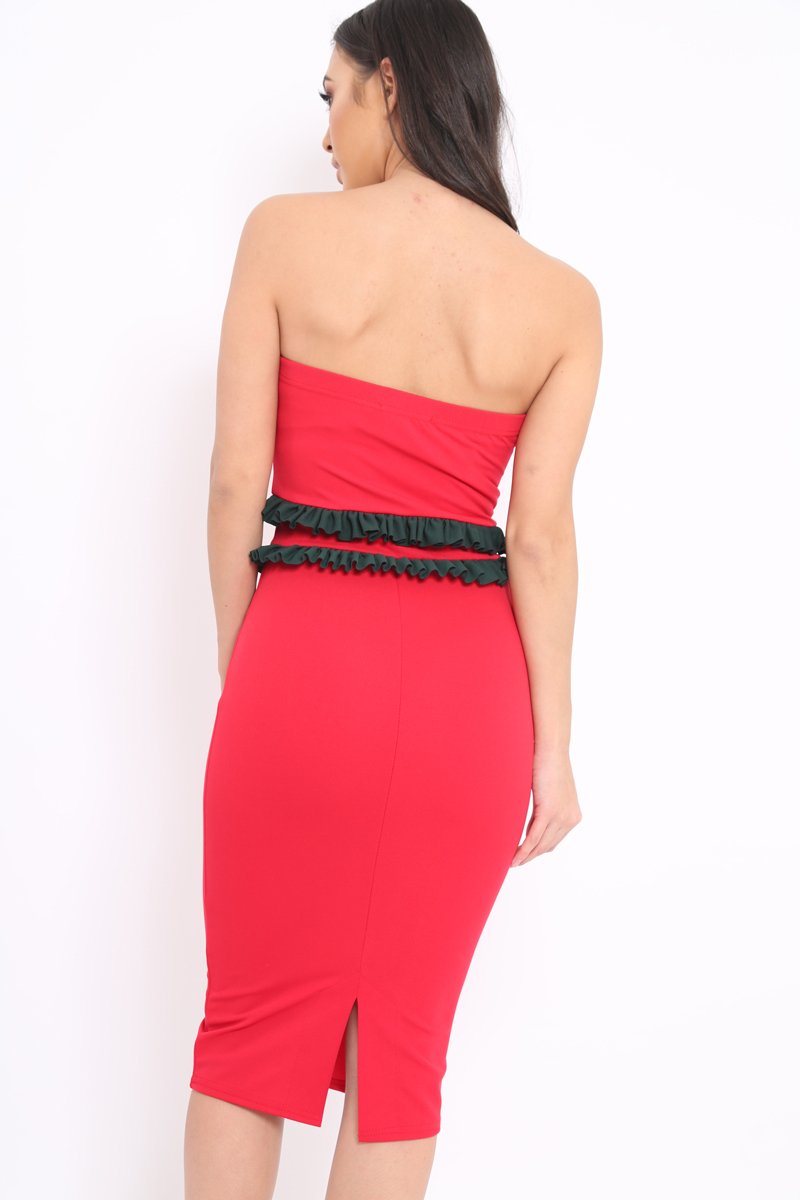Red Bandeau Ruffle Midi Dress - Leigh-Dresses