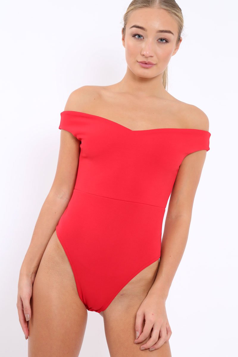 Red Bardot Bodysuit with V dip front - Hettie-Bodysuits