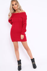 Red Bardot Chunky Knit Jumper Dress - Kaidyn-Dresses
