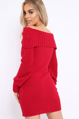 Red Bardot Chunky Knit Jumper Dress - Kaidyn-Dresses
