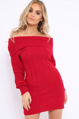 Red Bardot Chunky Knit Jumper Dress - Kaidyn-Dresses