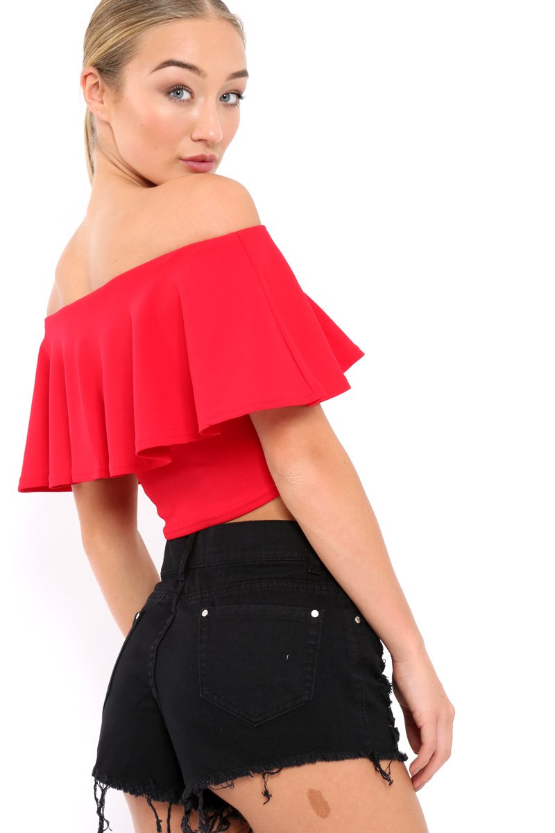 Red Bardot Crop Top - Justine-Tops