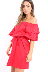 Red Bardot Dress with Ruffled Sleeves - Breena-Dresses