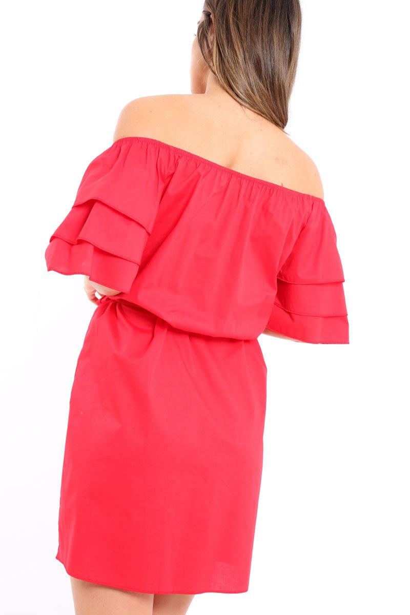 Red Bardot Dress with Ruffled Sleeves - Breena-Dresses
