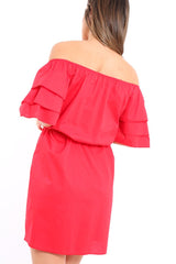 Red Bardot Dress with Ruffled Sleeves - Breena-Dresses