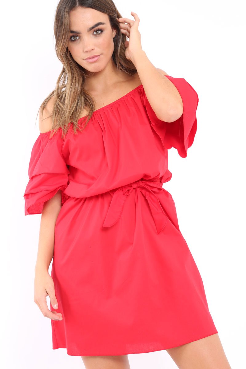 Red Bardot Dress with Ruffled Sleeves - Breena-Dresses
