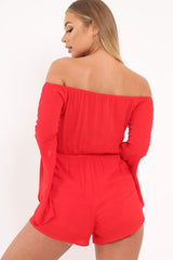 Red Bardot Embroidered Playsuit - Siena-Playsuits
