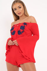 Red Bardot Embroidered Playsuit - Siena-Playsuits