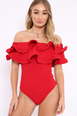 Red Bardot Extreme Frill Bodysuit - Diandra-Bodysuits
