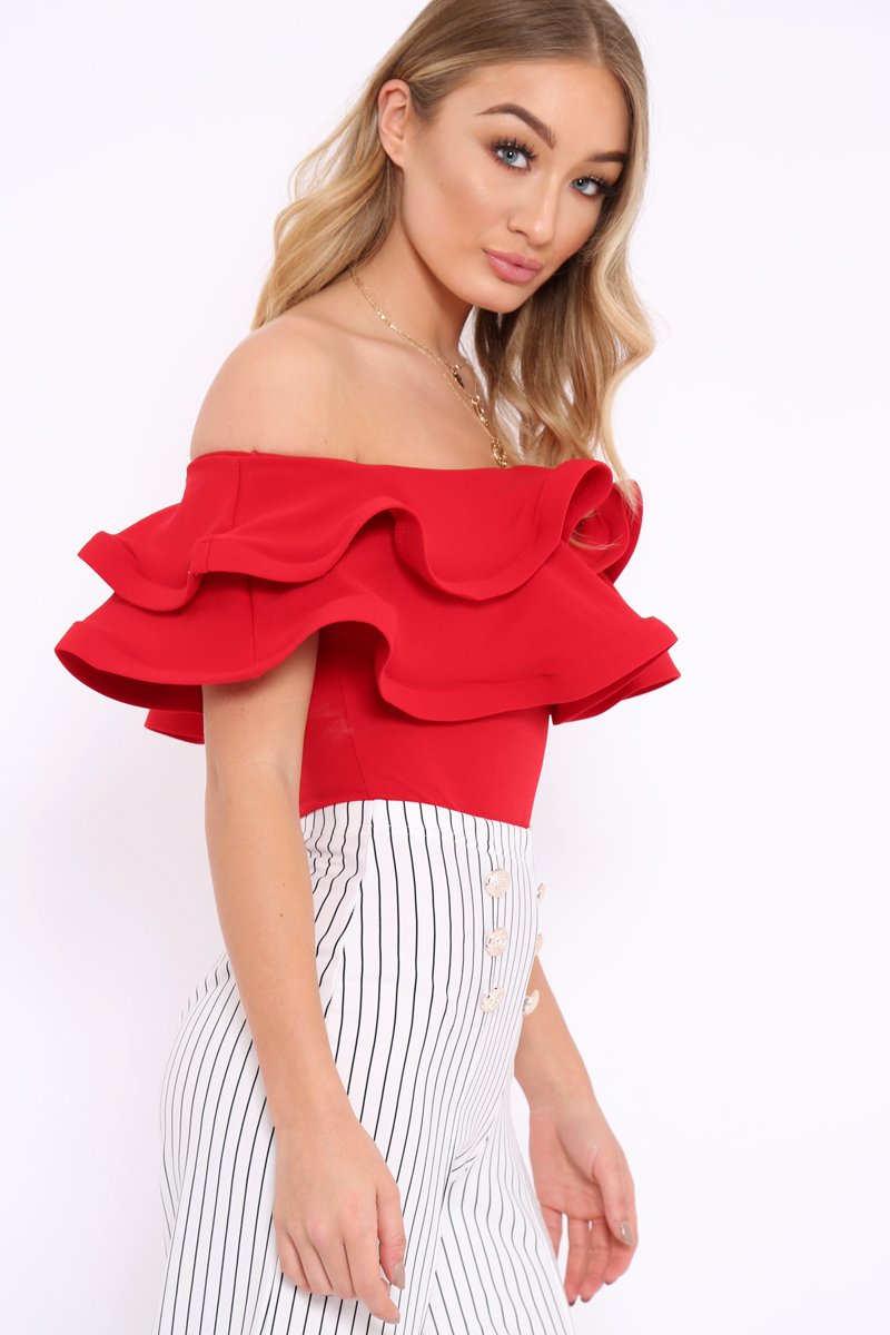 Red Bardot Extreme Frill Bodysuit - Diandra-Bodysuits