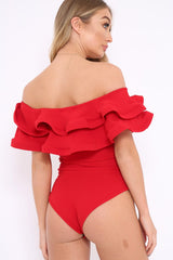 Red Bardot Extreme Frill Bodysuit - Diandra-Bodysuits