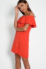 Red Bardot Frill Button Front Dress - Julissa-Dresses