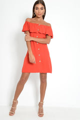 Red Bardot Frill Button Front Dress - Julissa-Dresses