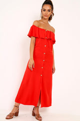 Red Bardot Frill Button Front Midi Dress - Clancy-Dresses