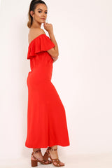 Red Bardot Frill Button Front Midi Dress - Clancy-Dresses
