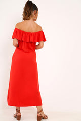 Red Bardot Frill Button Front Midi Dress - Clancy-Dresses